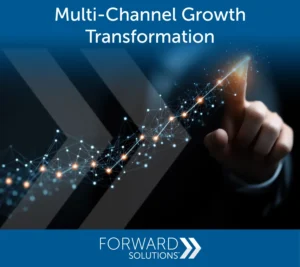 A person’s hand points to an upward-trending graph made of glowing dots and lines. The background features geometric shapes and the text “Visual Workplace Doubles Revenue with Forward Solutions’ Multi-Channel Transformation.”.